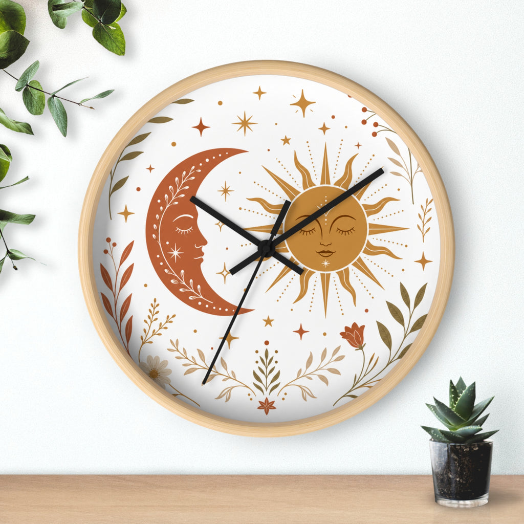 Boho Sun And Moon Wall Clock | Celestial Home Decor Clock | Aesthetic Nursery Or Living Room Clock