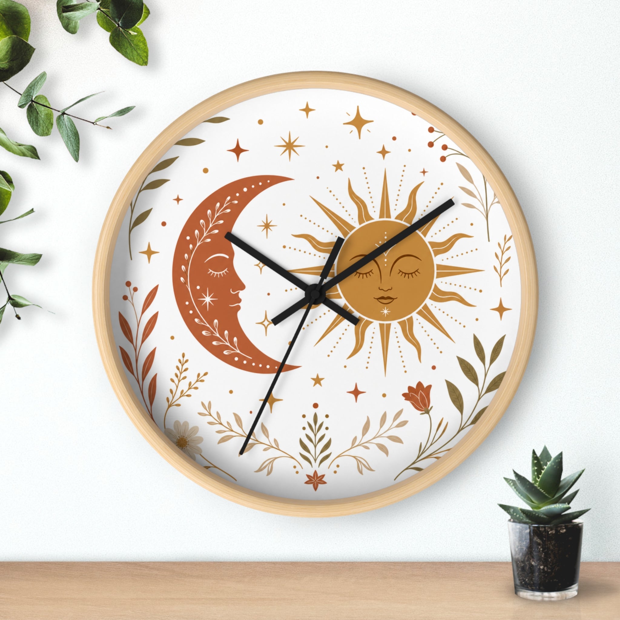 Boho Sun And Moon Wall Clock | Celestial Home Decor Clock | Aesthetic Nursery Or Living Room Clock
