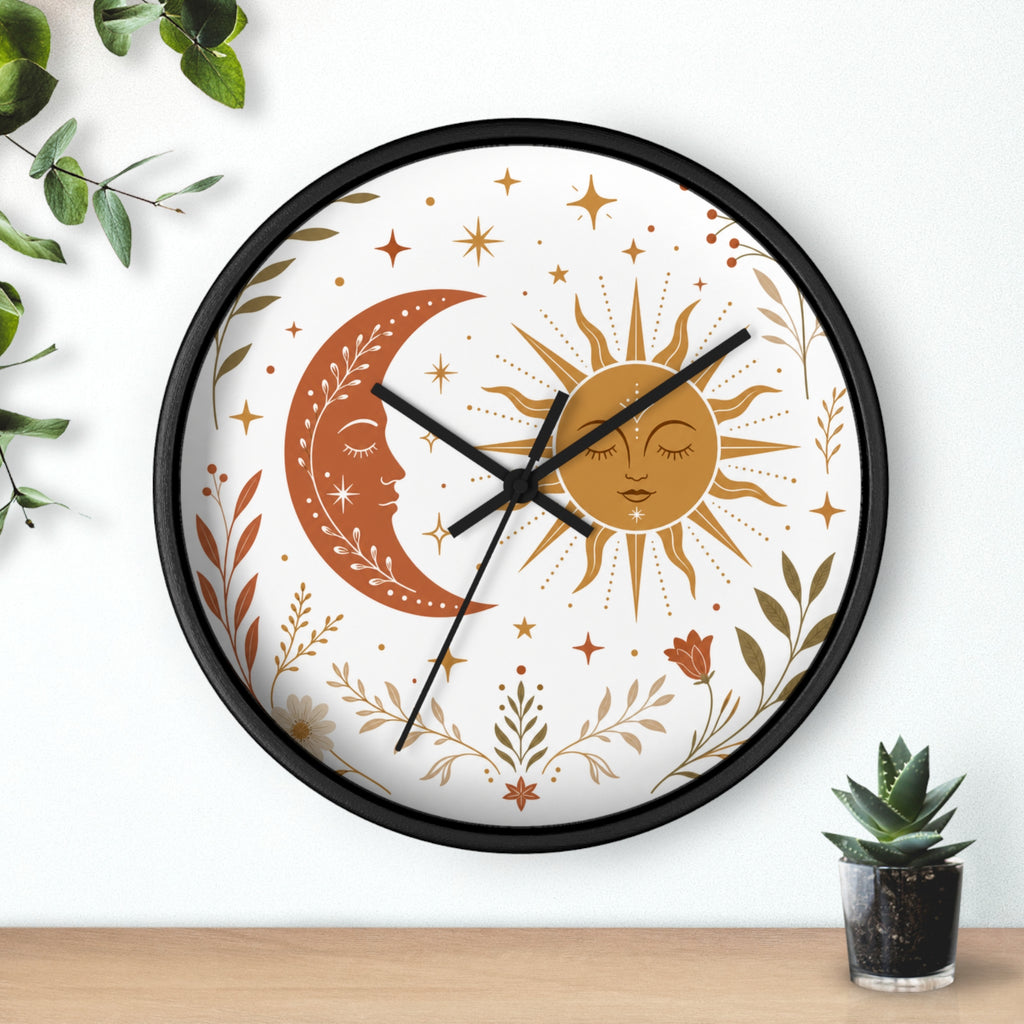 Boho Sun And Moon Wall Clock | Celestial Home Decor Clock | Aesthetic Nursery Or Living Room Clock