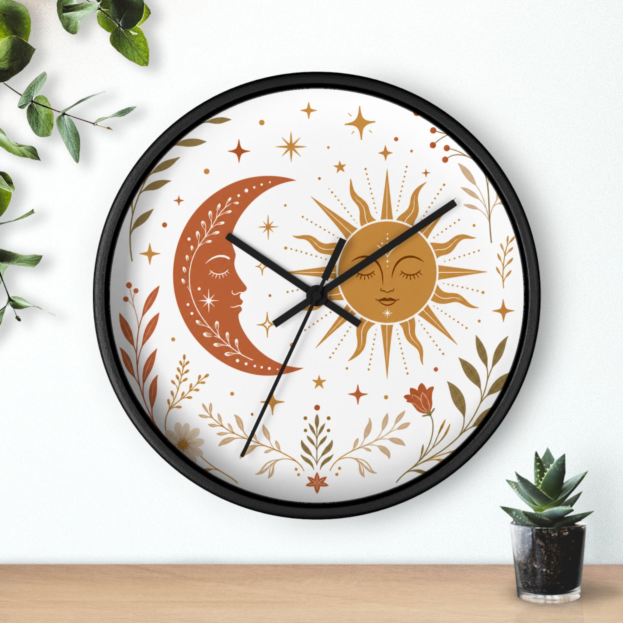 Boho Sun And Moon Wall Clock | Celestial Home Decor Clock | Aesthetic Nursery Or Living Room Clock