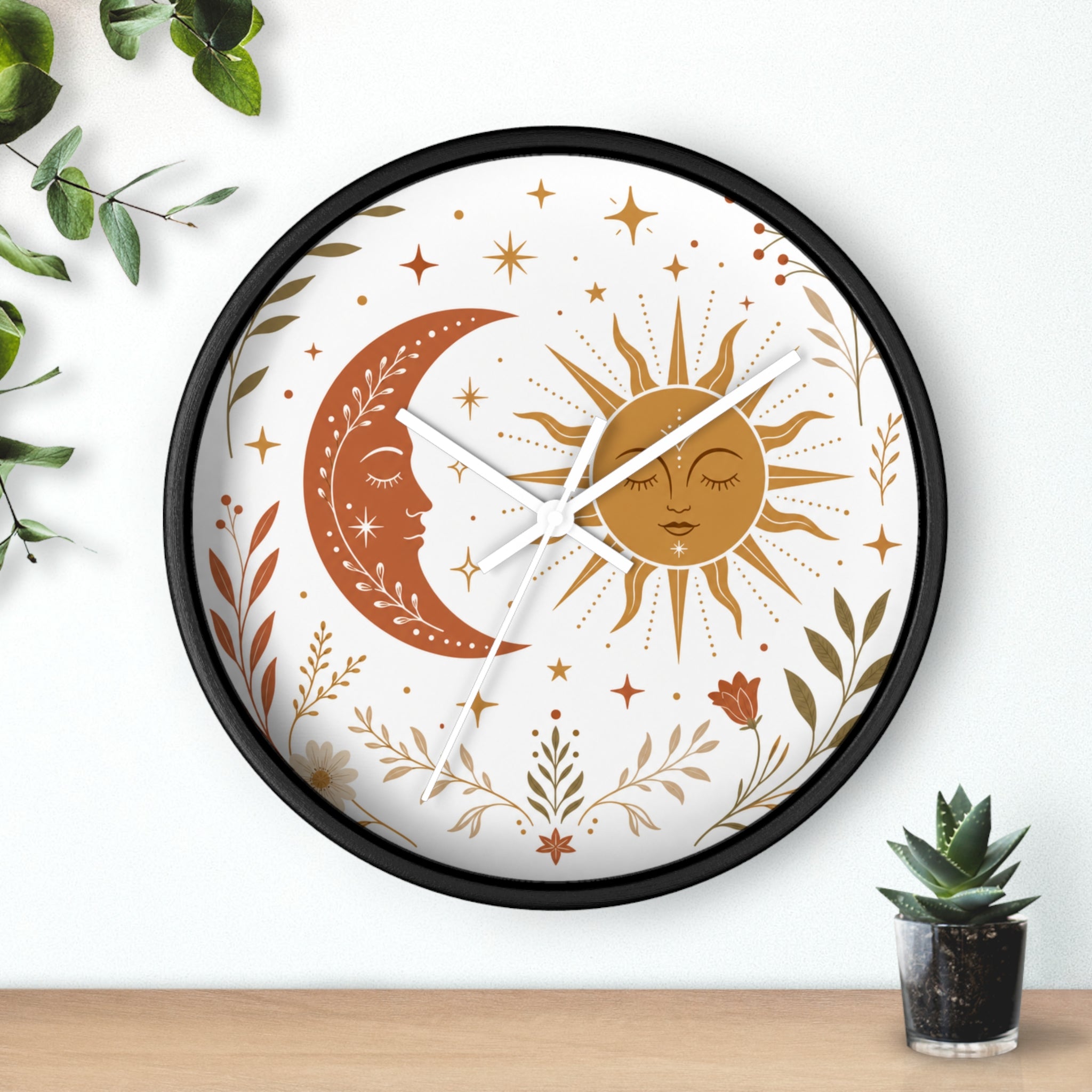 Boho Sun And Moon Wall Clock | Celestial Home Decor Clock | Aesthetic Nursery Or Living Room Clock