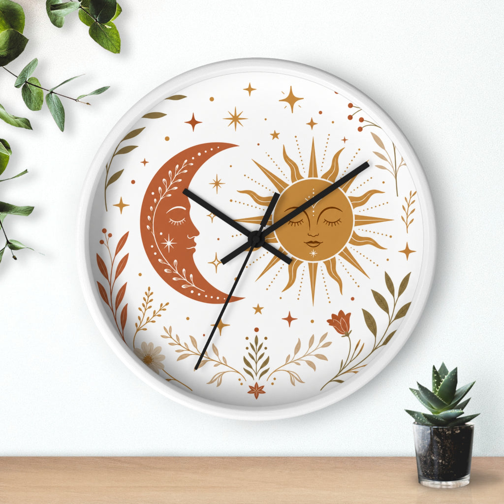 Boho Sun And Moon Wall Clock | Celestial Home Decor Clock | Aesthetic Nursery Or Living Room Clock