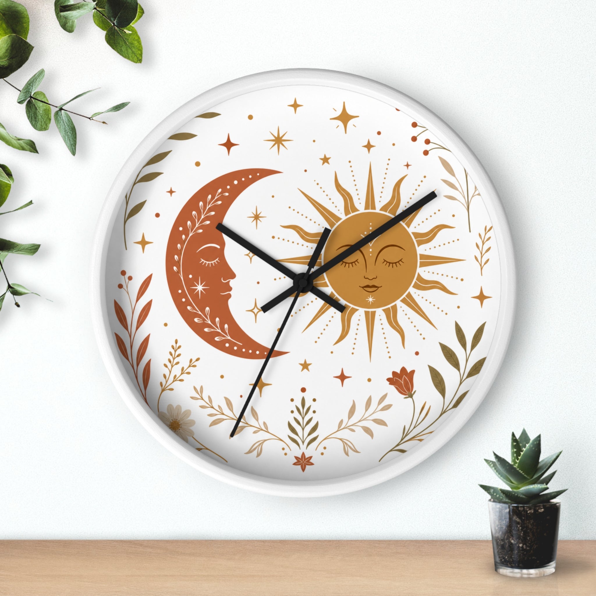 Boho Sun And Moon Wall Clock | Celestial Home Decor Clock | Aesthetic Nursery Or Living Room Clock